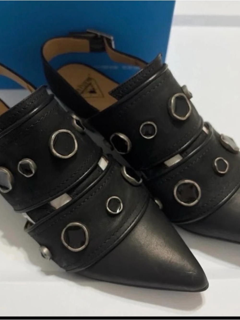 John Fluevog Serena Black Pointed Slingback Mules with Silver Ring Studs